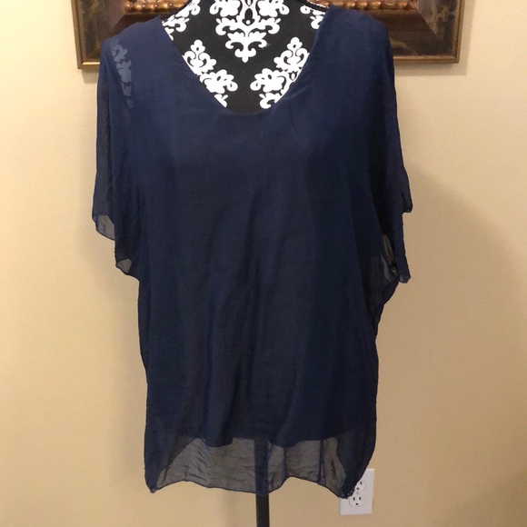 💙Ethereal Blue Silk overlay, lined 🦋sleeved, F/B V-neckline lightweight top - Picture 1 of 9